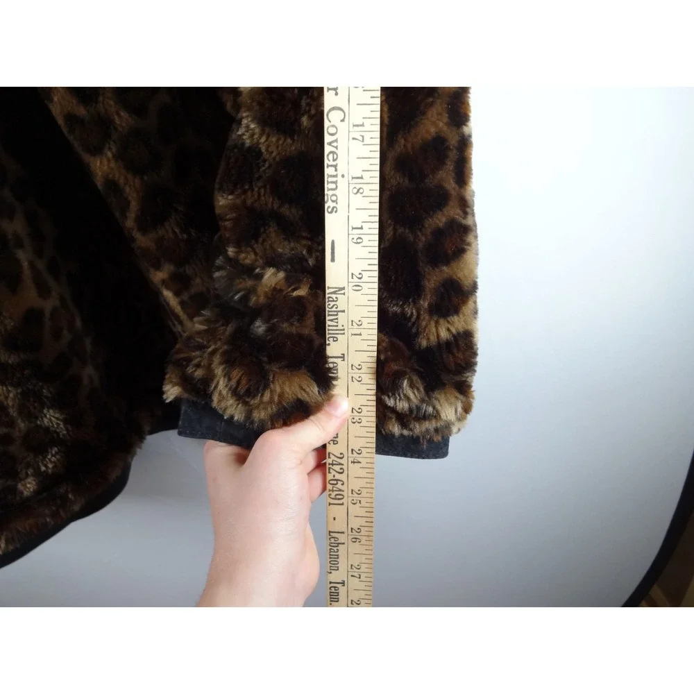 VTG Basic Editions Faux Fur Coat XL/2XL Brown‎ Leopard Print Y2K Zip Up Reverse
